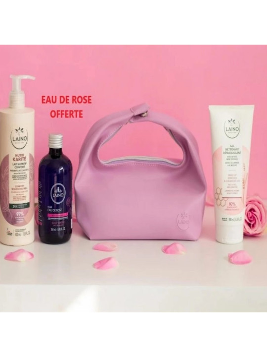 Laino trousse Gel Nettoyant Démaquillant, lait nutritif confort , Eau de Rose (Offerte)