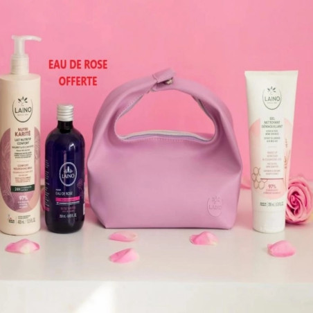 Laino trousse Gel Nettoyant Démaquillant, lait nutritif confort , Eau de Rose (Offerte)