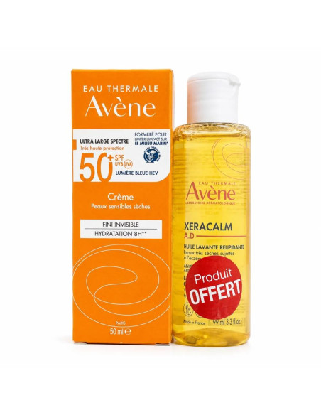 AVENE - SOIN SOLAIRE PEAUX PEAUX SENSIBLES SECHES SPF 50+ 50ML + XERACALM HUILE LAVANTE 100ML OFFERTE