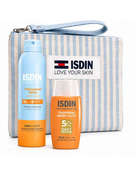 ISDIN Coffret Solaire Spray Transparent SPF50+ + Fusion Water MAGIC GLOW SPF50 + Trousse Offerte